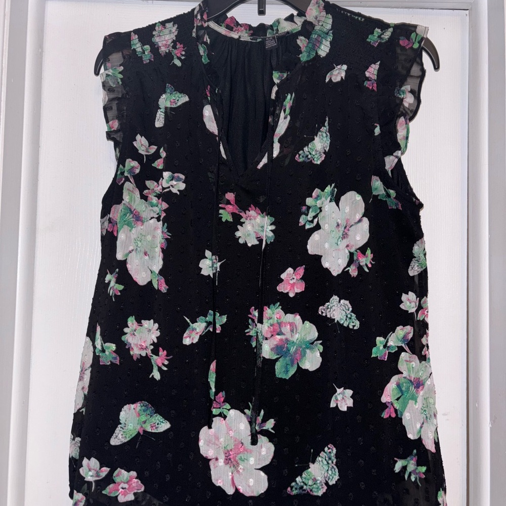 Floral Black Blouse with Ruffle Sleeves